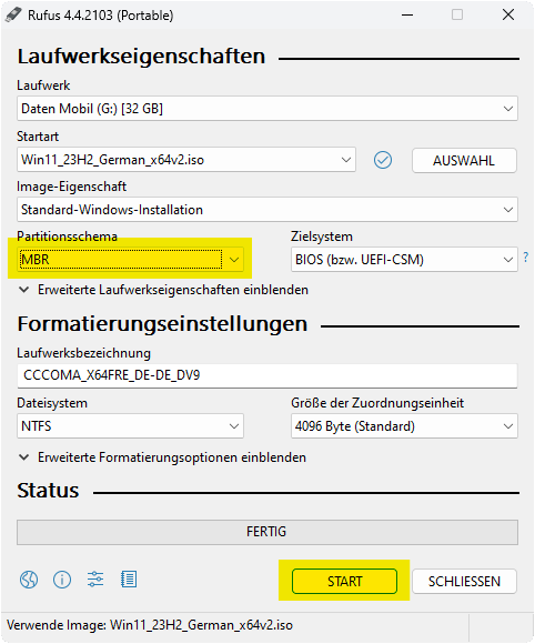 image of rufus with part sceam changed to MBR